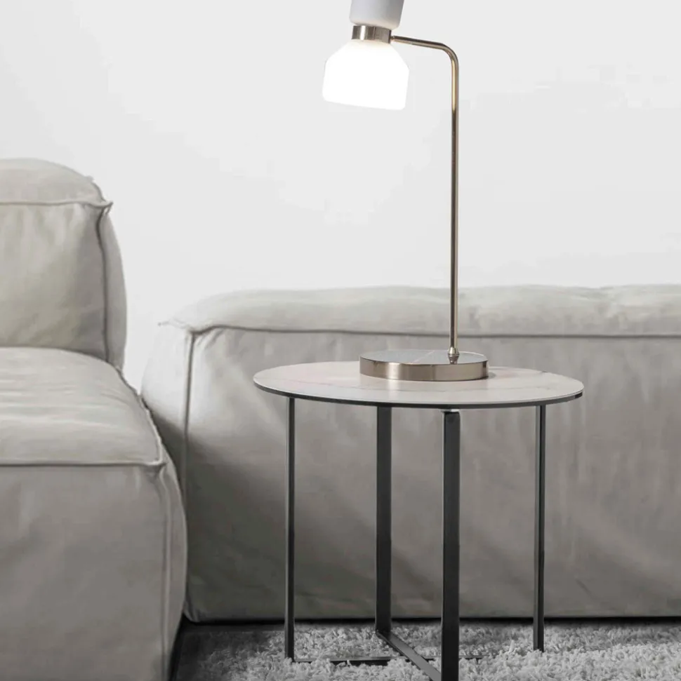 Tavolino da Salotto Rotondo con Piano in Vetro Ceramica Bianco Marmo - Anselmo