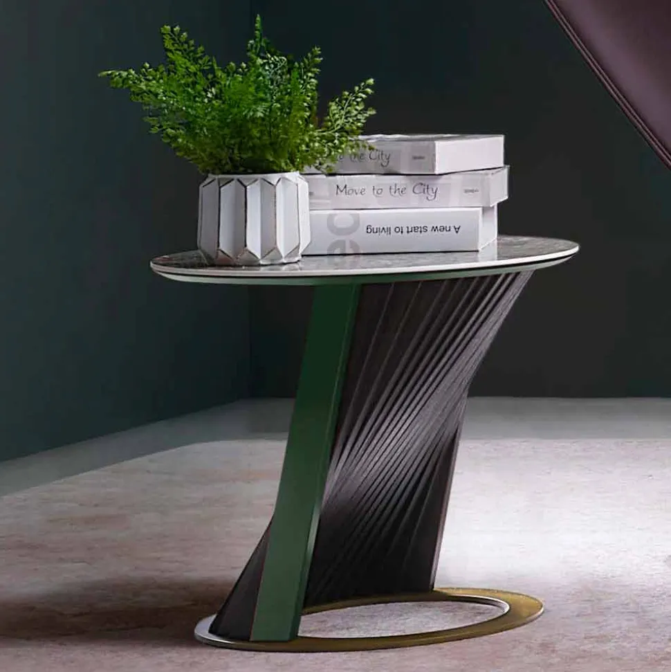 Tavolino da Salotto Rotondo di Lusso in Gres e Frassino Made in Italy - Bering