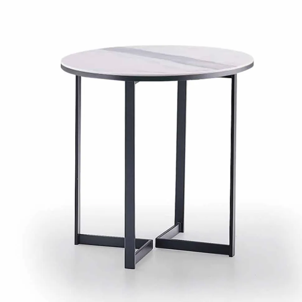 Tavolino da Salotto Rotondo in Gres e Metallo Moderno Made in Italy - Albert