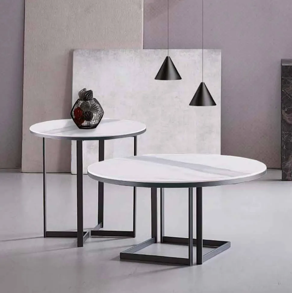 Tavolino da Salotto Rotondo in Gres e Metallo Moderno Made in Italy - Albert