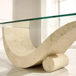 Tavolino Design Moderno con Piano in Vetro e Base Pietra Fossile - Ricarica