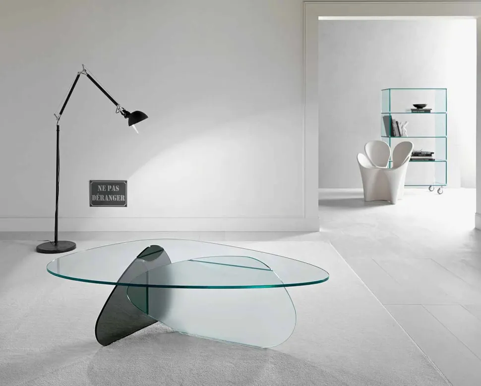 Tavolino di Design in Vetro Trasparente, Fumè ed Acidato Made in Italy – Tac Tac