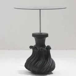 Tavolino in cristallo/legno massello nero sabbiato, diametro 60, Margo