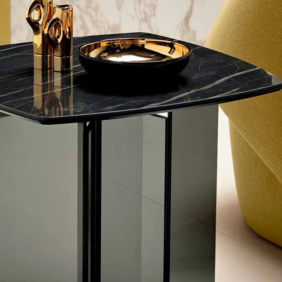 Tavolino Lato Divano da Salotto con Piano in Ceramica e Vetro Fumè - Random