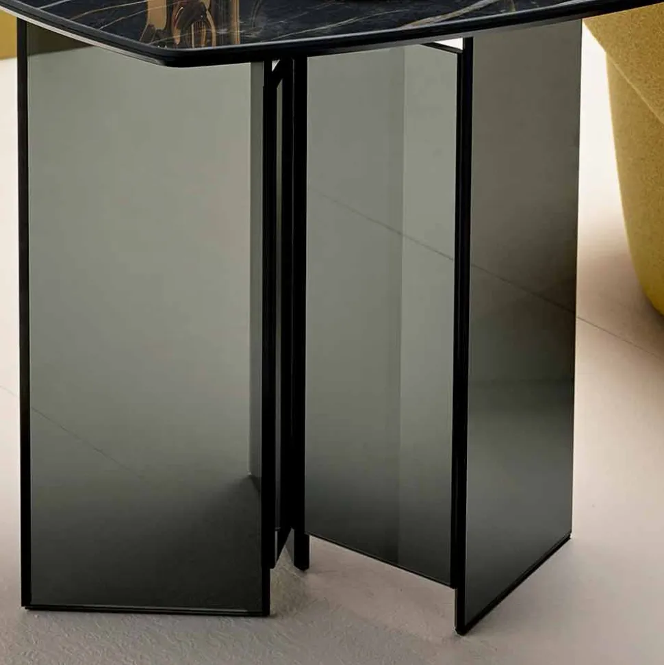 Tavolino Lato Divano da Salotto con Piano in Ceramica e Vetro Fumè - Random