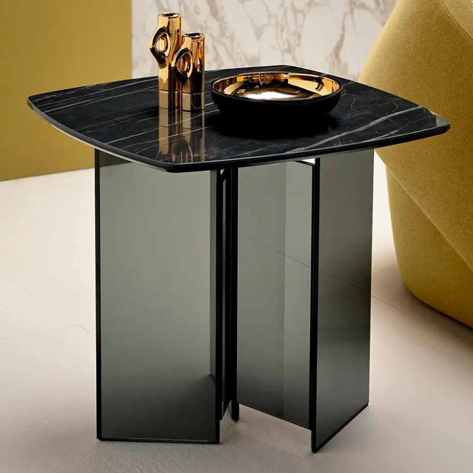 Tavolino Lato Divano da Salotto con Piano in Ceramica e Vetro Fumè - Random