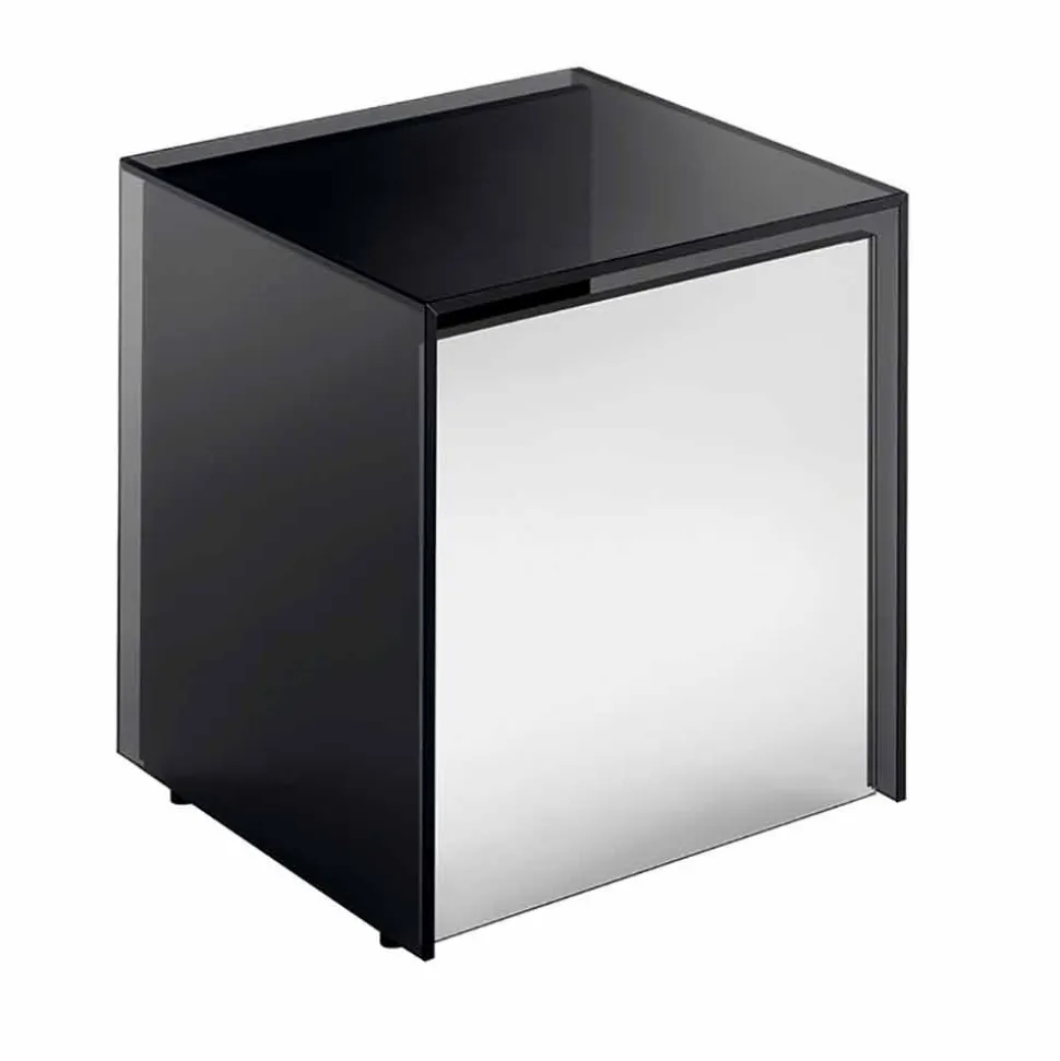 Tavolino Lato Divano o Comodino in Vetro Fumè con Cassetto in Legno - Mantra