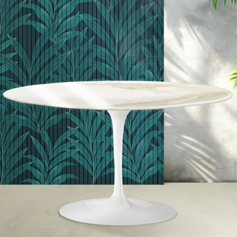 Tavolino Ovale Tulip Saarinen H 41 cm in Ceramica Florim Calacatta Gold Lucido - Scarlet