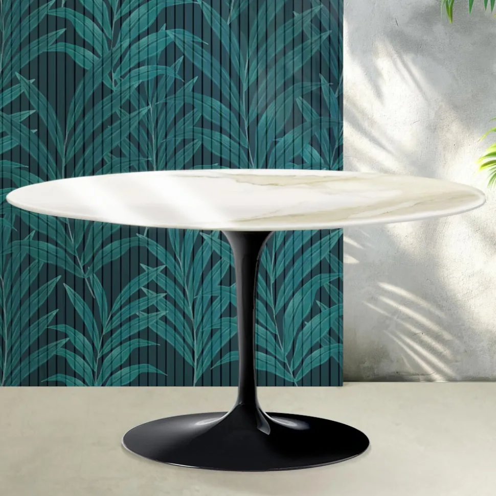Tavolino Ovale Tulip Saarinen H 41 cm in Ceramica Florim Calacatta Gold Lucido - Scarlet