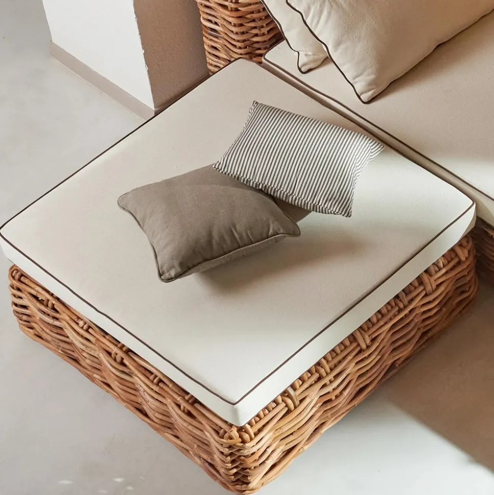 Tavolino-Pouf da Giardino in Rattan Naturale con Cuscino Incluso – Keira