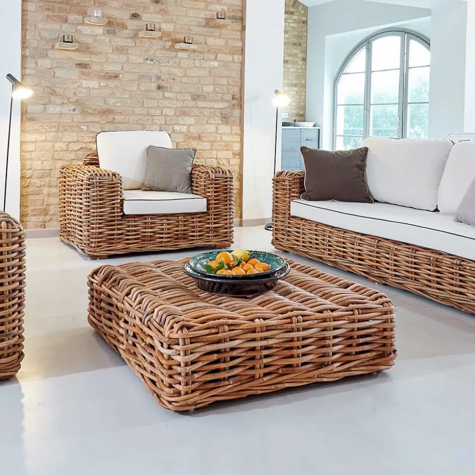 Tavolino-Pouf da Giardino in Rattan Naturale con Cuscino Incluso – Keira