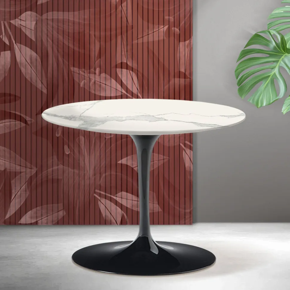 Tavolino Rotondo Tulip Saarinen H 41 cm in Ceramica Florim Statuario Opaco - Scarlet