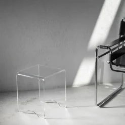 Tavolino Sgabello Cristallo Acrilico Trasparente Minimale Italiano - Plarco
