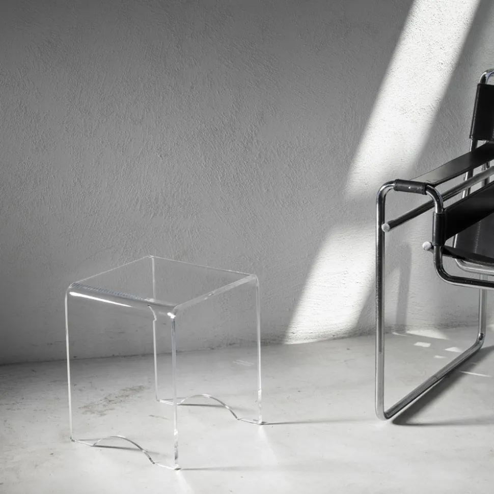 Tavolino Sgabello Cristallo Acrilico Trasparente Minimale Italiano - Plarco