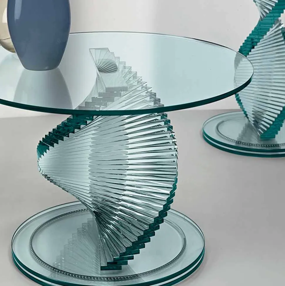 Tavolino Soggiorno in Vetro Trasparente a Spirale e Base Rotante - Spirulo