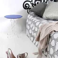 Tavolino tondo blu diametro 36 cm design moderno Janis, made in Italy