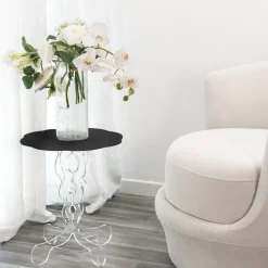 Tavolino tondo nero diametro 50 cm design moderno Janis, made in Italy