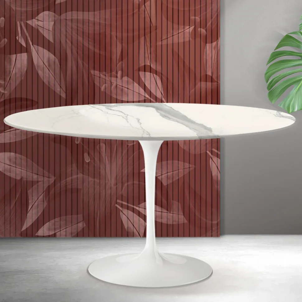 Tavolino Tulip Saarinen H 41 cm in Ceramica Florim Statuario Opaco - Scarlet