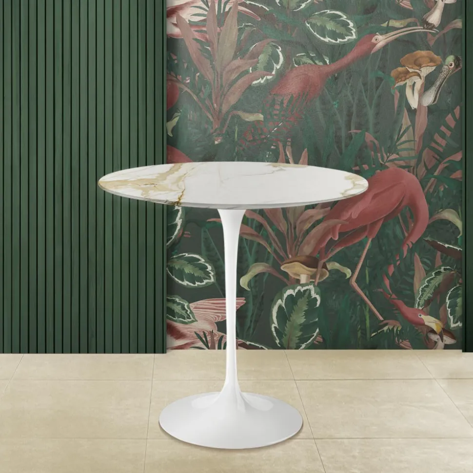 Tavolino Tulip Saarinen H 52 con Piano Ovale in Marmo Calacatta Oro Made in Italy - Scarlet