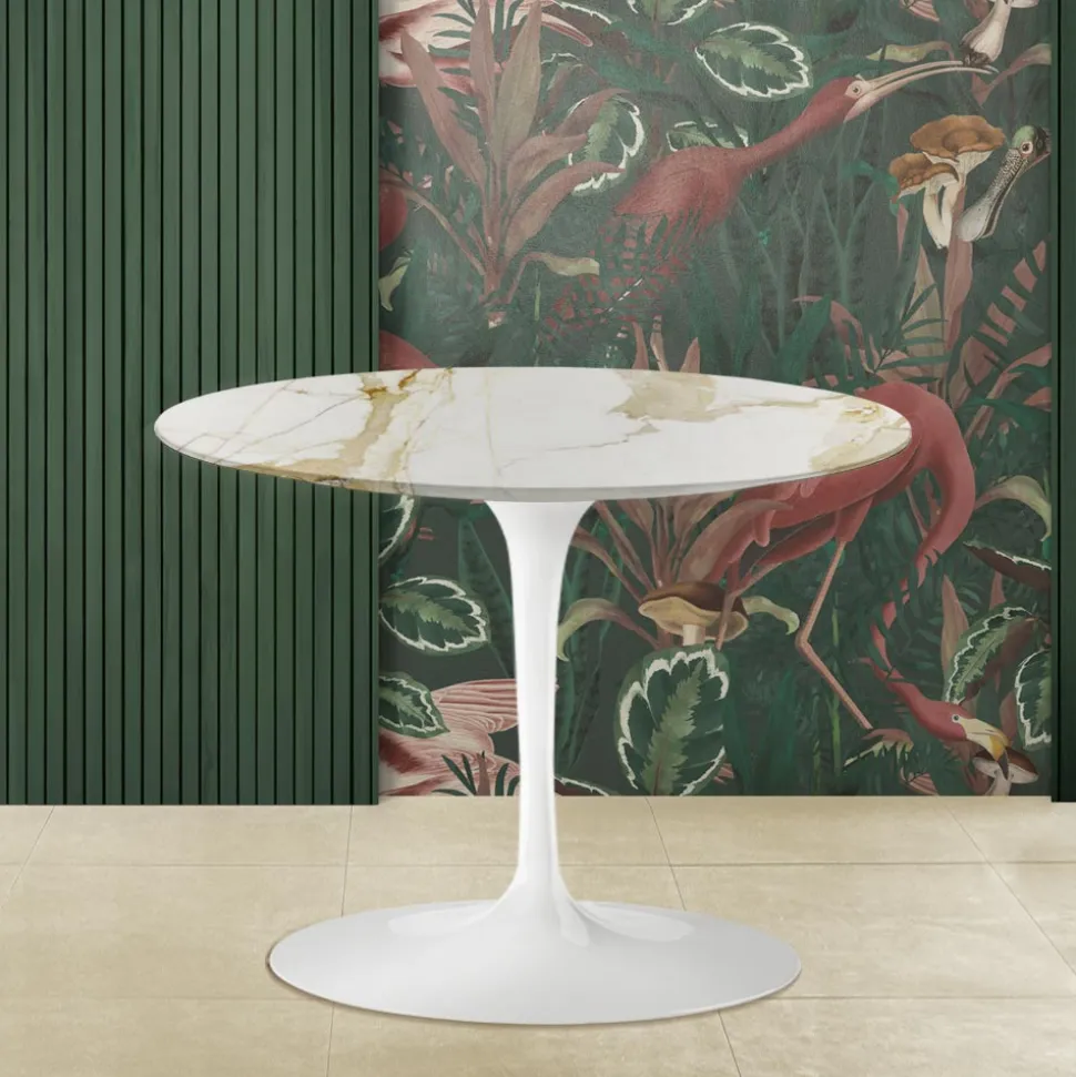 Tavolino Tulip Saarinen H 41 con Piano Rotondo in Marmo Calacatta Oro - Scarlet