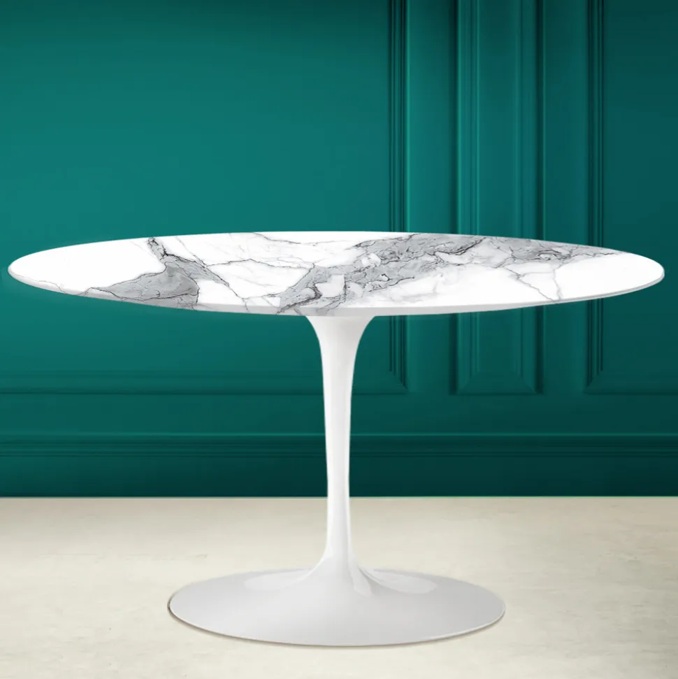 Tavolino Tulip Saarinen H 41 Ovale in Ceramica Statuario Altissimo Made in Italy - Scarlet