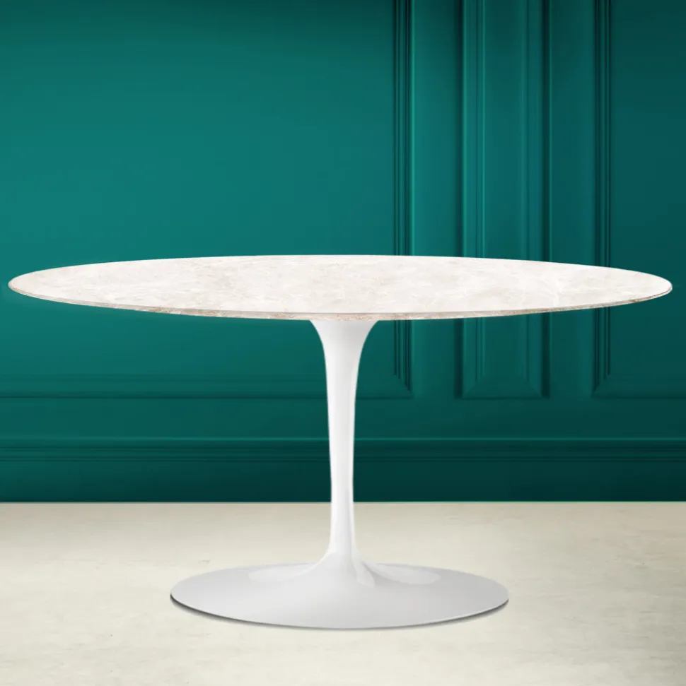 Tavolino Tulip Saarinen Ovale H 41 in Ceramica Diamond Cream Made in Italy - Scarlet