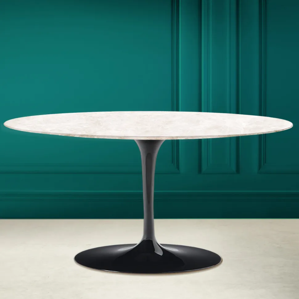 Tavolino Tulip Saarinen Ovale H 41 in Ceramica Diamond Cream Made in Italy - Scarlet