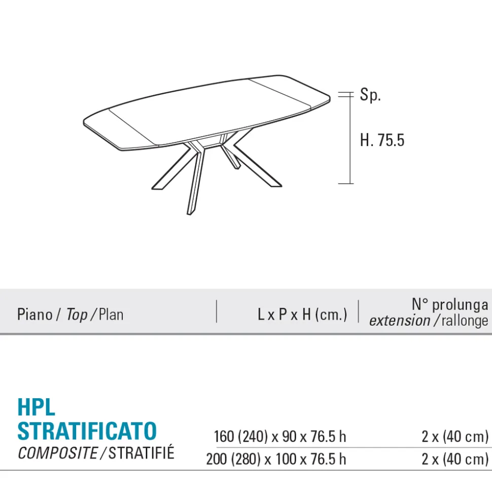 Tavolo a Botte Allungabile a 240 o 280 cm in HPL e Metallo - Presente