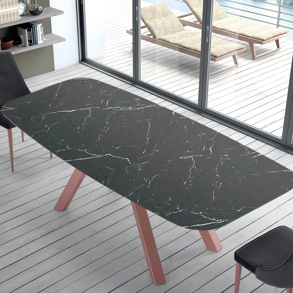 Tavolo a Botte Moderno in Ceramica e Acciaio Oro Rosa Made in Italy – Settimmio