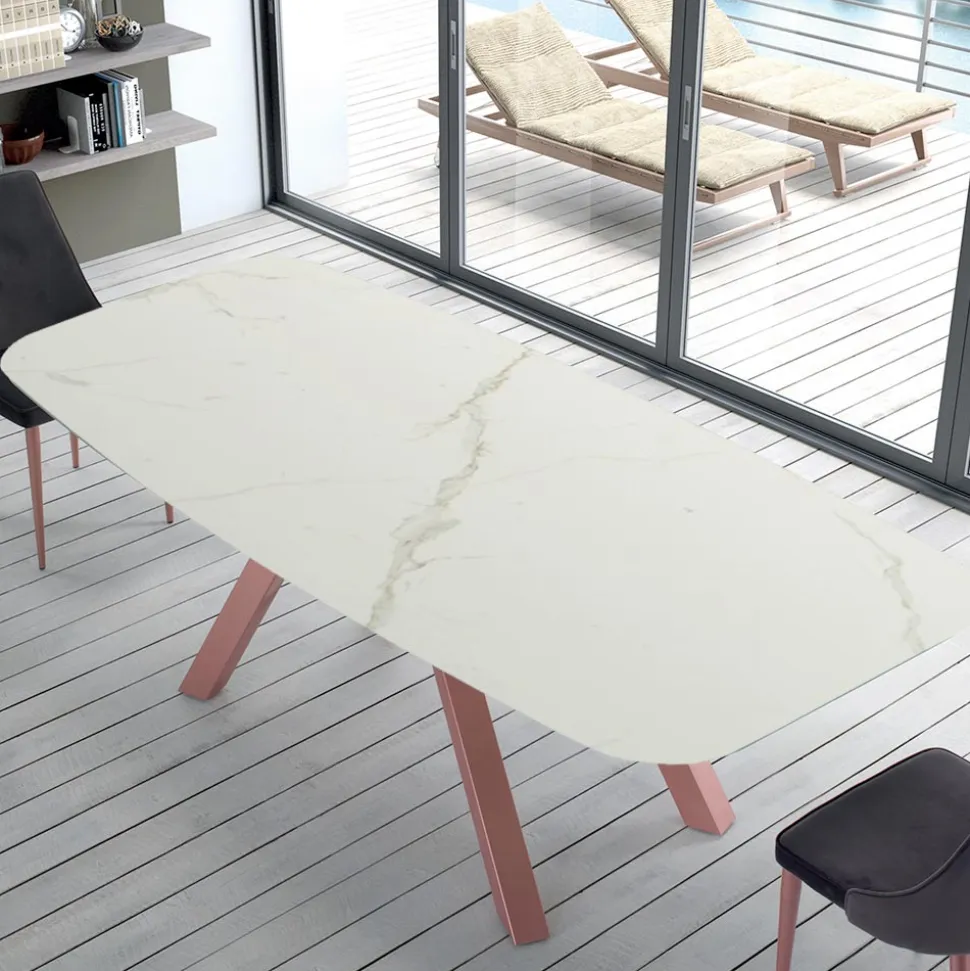 Tavolo a Botte Moderno in Ceramica e Acciaio Oro Rosa Made in Italy – Settimmio