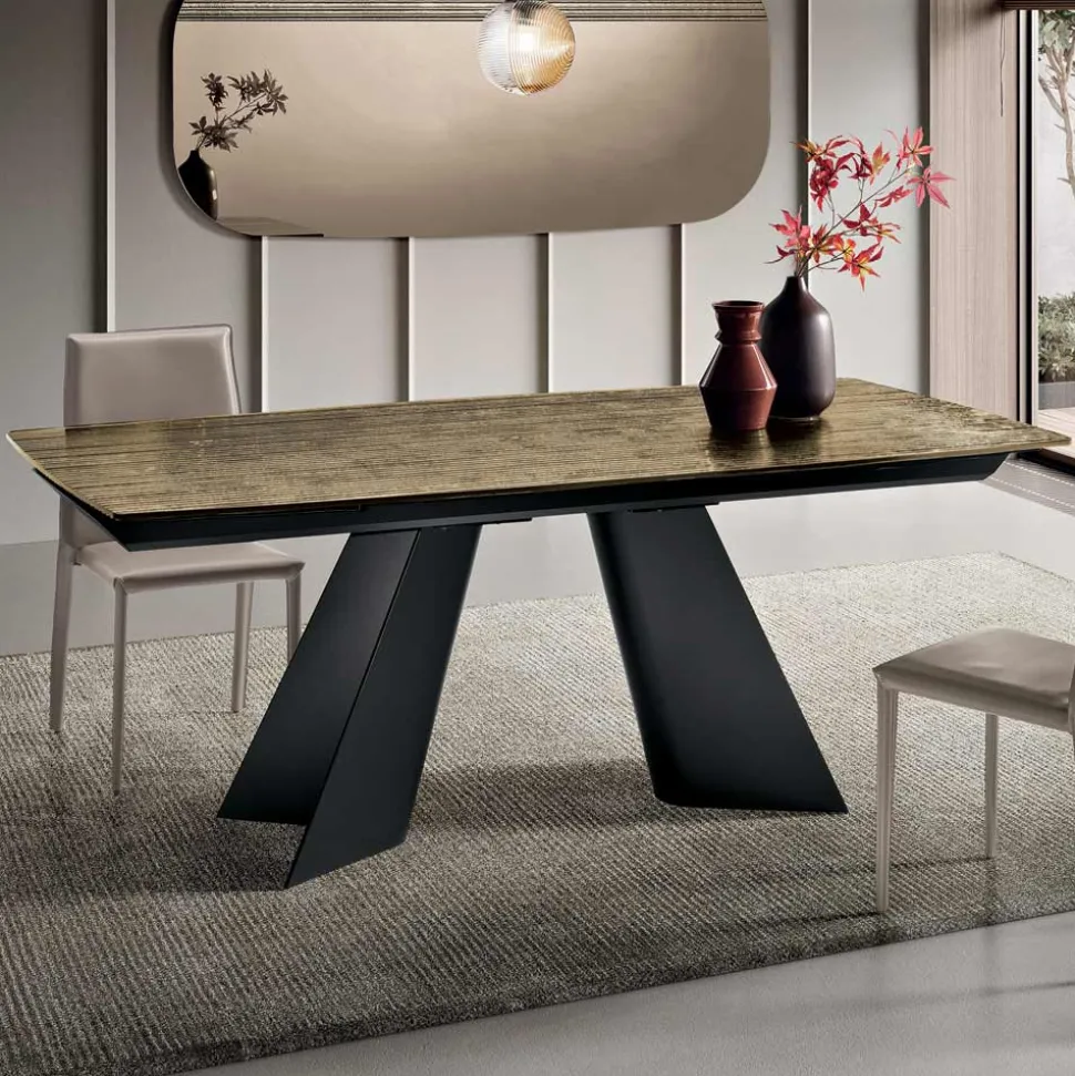 Tavolo Allungabile con Base in Metallo e Piano in Vetro Rigato Made in Italy - Lumo