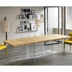 Tavolo allungabile in impiallacciato rovere con gambe in vetro - Nico