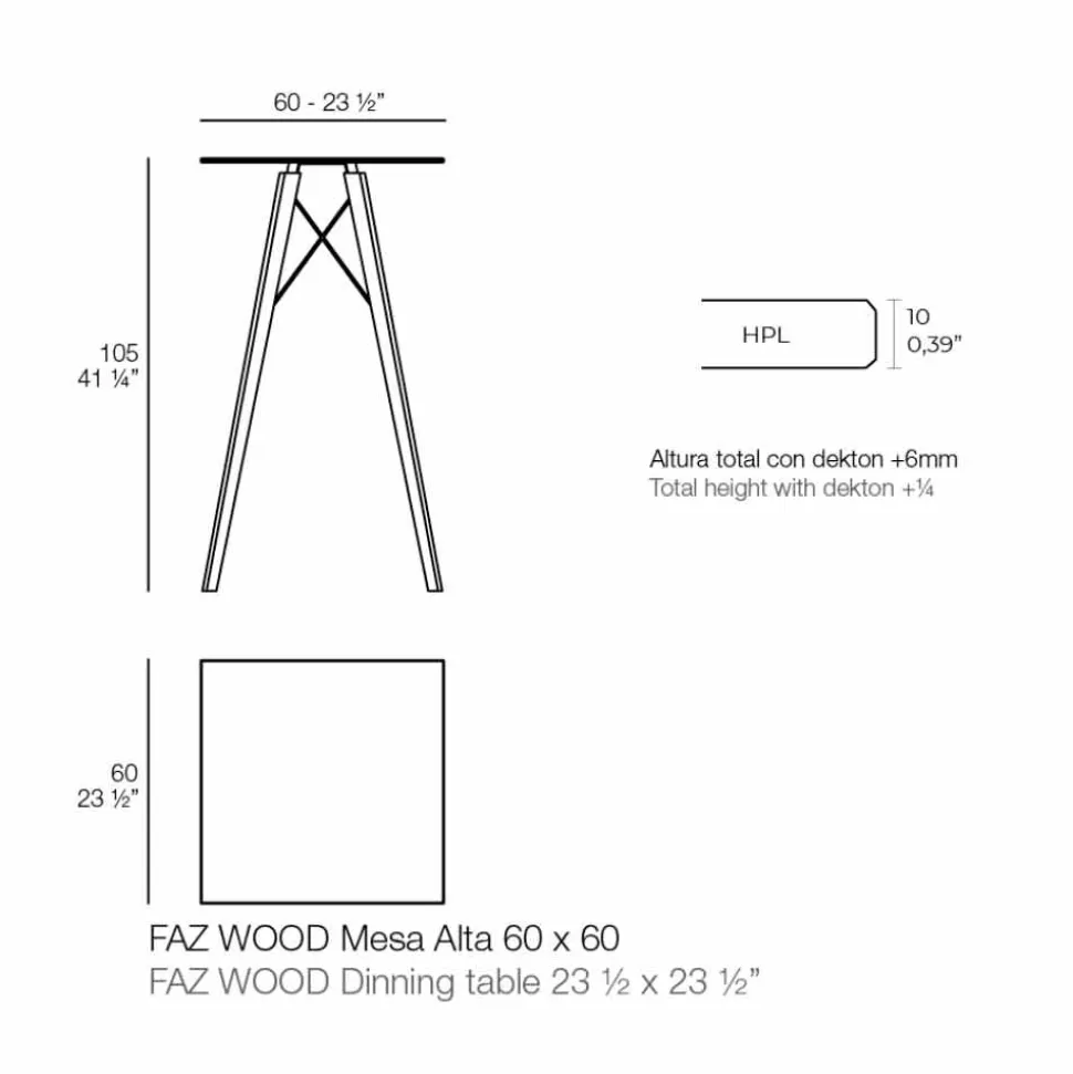 Tavolo Alto da Bar Design Quadrato in Legno e Hpl, 4 Pezzi - Faz Wood by Vondom