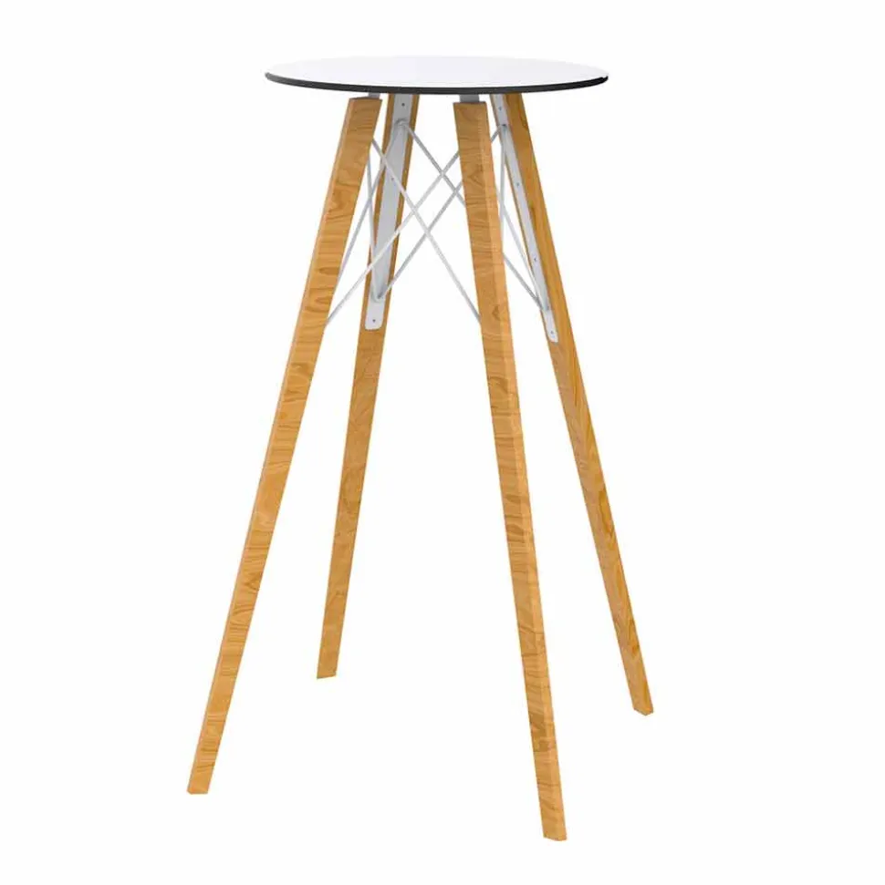 Tavolo Alto da Bar Rotondo Design in Legno e Hpl, 4 Pezzi - Faz Wood by Vondom