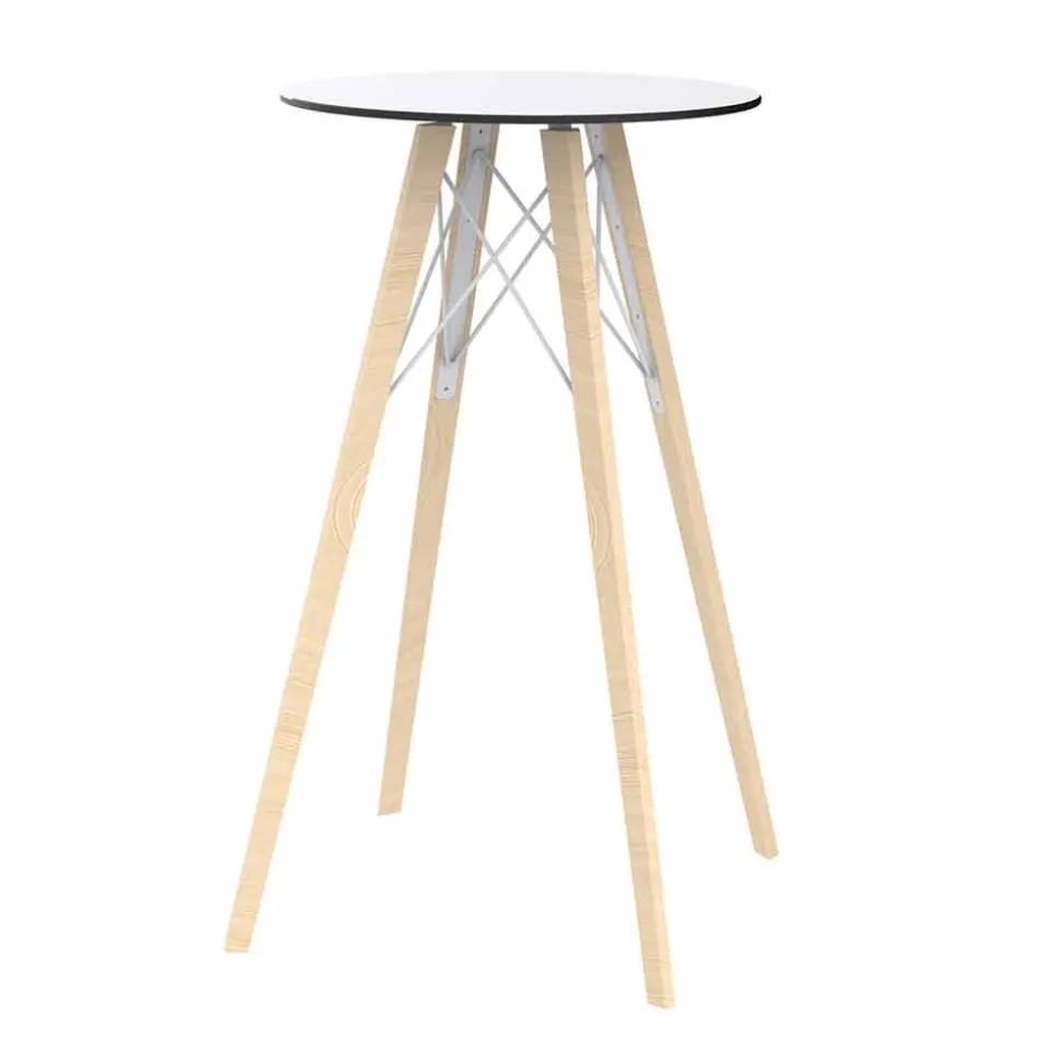 Tavolo Alto da Bar Rotondo Design in Legno e Hpl, 4 Pezzi - Faz Wood by Vondom