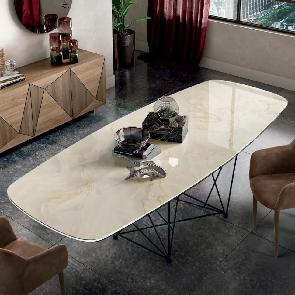 Tavolo con Piano in Ceramica a Botte e Base in Acciaio Made in Italy - Ezzellino