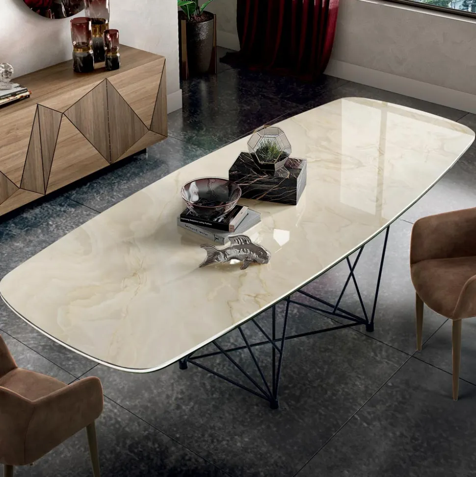 Tavolo con Piano in Ceramica a Botte e Base in Acciaio Made in Italy - Ezzellino