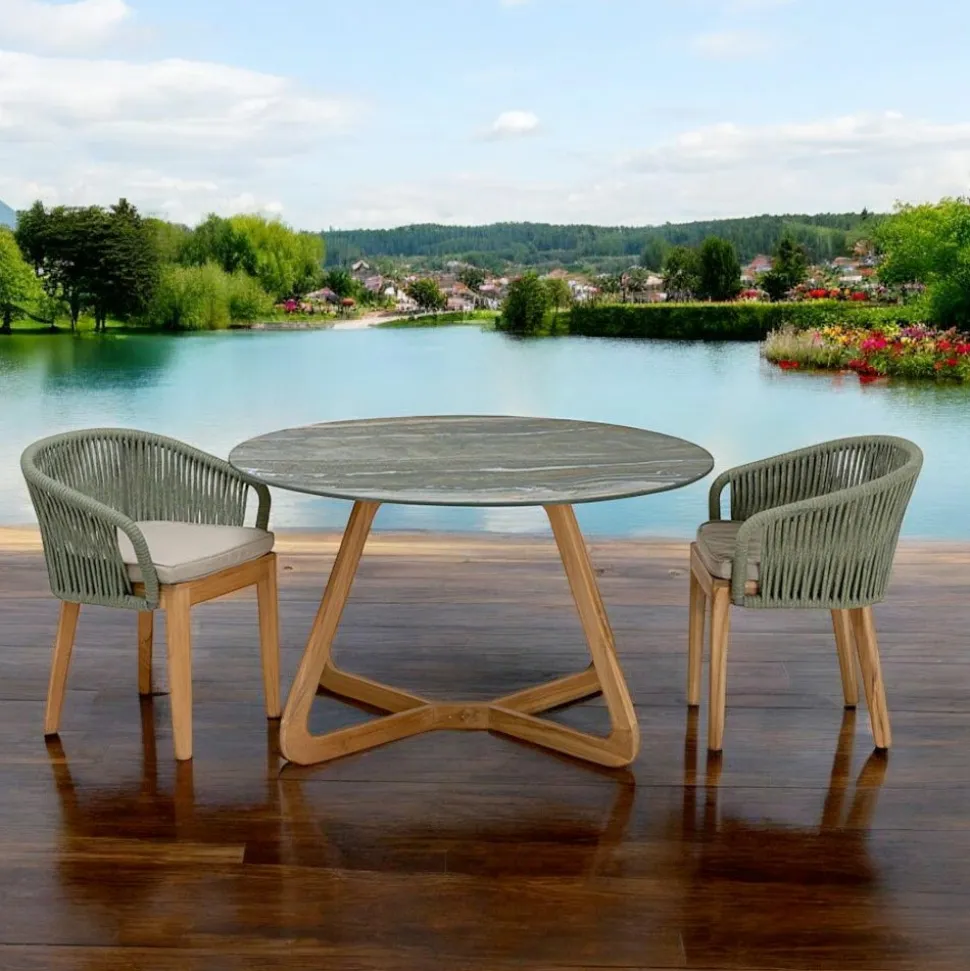 Tavolo con Piano in Ceramica e Base in Teak Made in Italy - Helmet