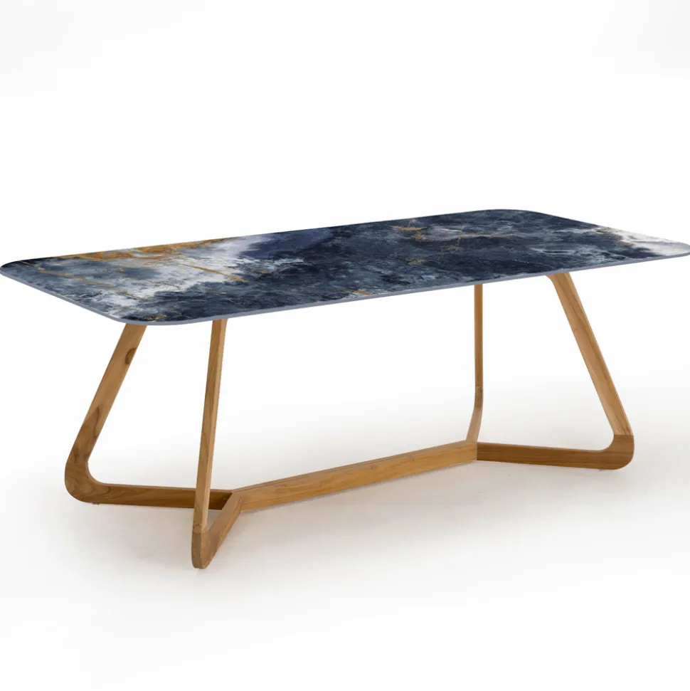 Tavolo da Esterno con Base in Legno e Piano in Ceramica Ocean Blue - Infinity