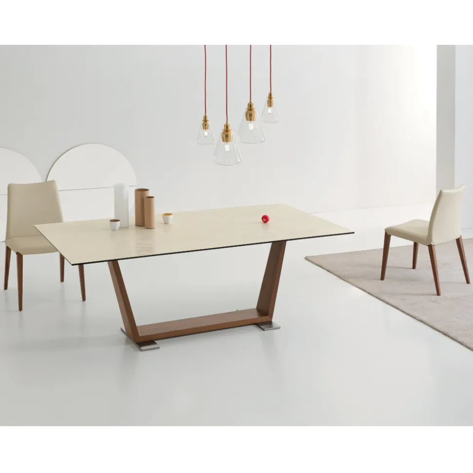 Tavolo da Pranzo Allungabile a 3 m in Ceramica e Gambe in Legno - Cesteo
