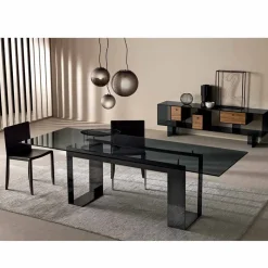 Tavolo da Pranzo con Piano in Vetro Fumè e Base Metallo 4 Dimensioni - Speck
