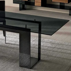 Tavolo da Pranzo con Piano in Vetro Fumè e Base Metallo 4 Dimensioni - Speck
