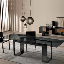 Tavolo da Pranzo con Piano in Vetro Fumè e Base Metallo 4 Dimensioni - Speck