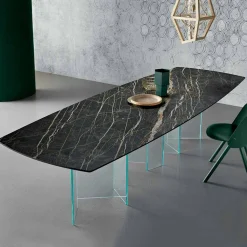 Tavolo da Pranzo in Ceramica e Base in Vetro Extrachiaro Made in Italy – Random