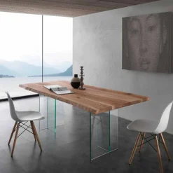 Tavolo da pranzo in legno massello e vetro Marlon