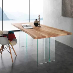 Tavolo da pranzo in legno massello e vetro Marlon