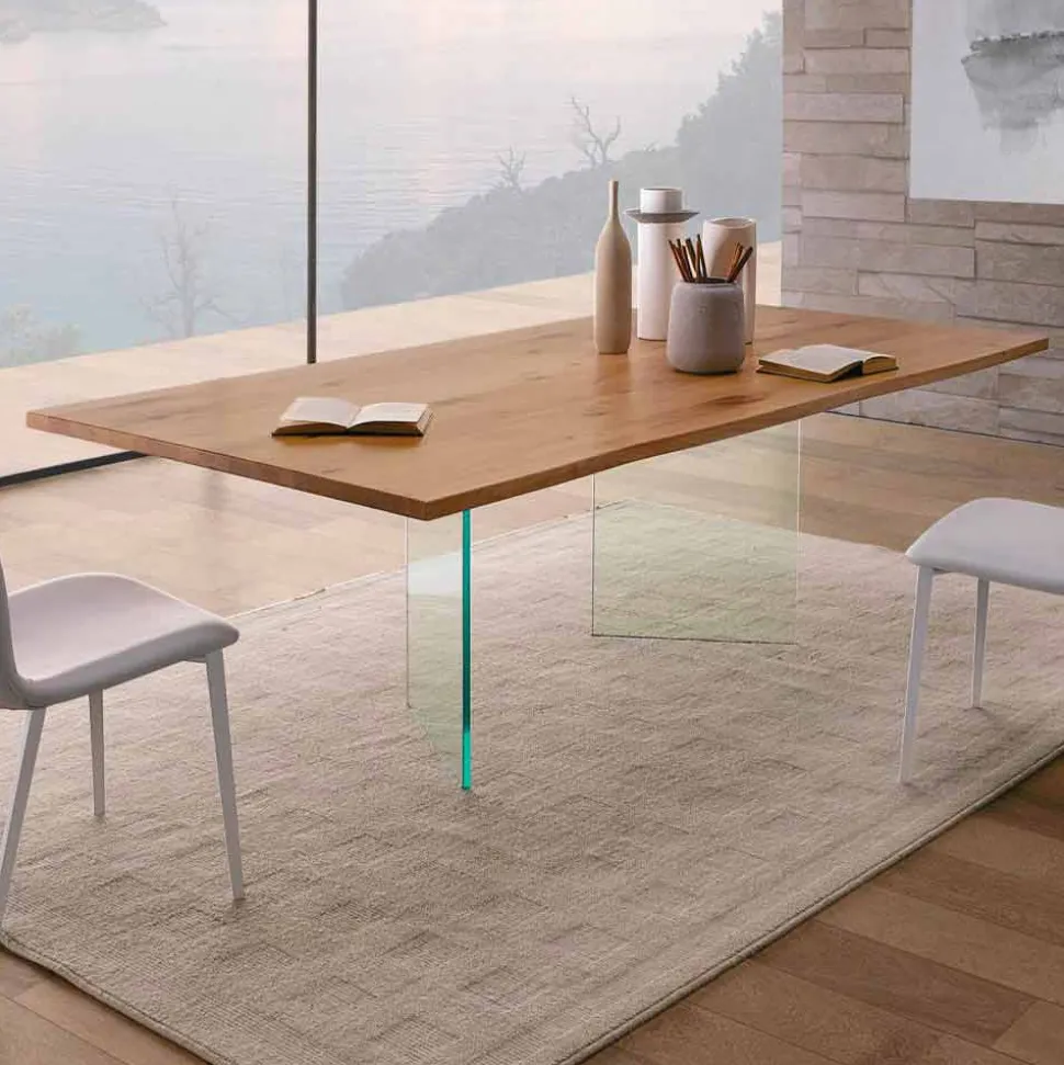 Tavolo da Pranzo in Rovere Nodato e Vetro Alta Qualità Made in Italy - Sibillo
