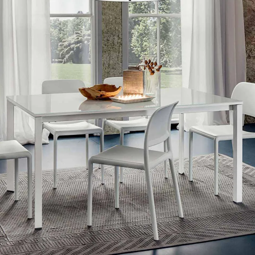 Tavolo da Pranzo in Vetro Bianco e Metallo Verniciato Made in Italy - Spilla
