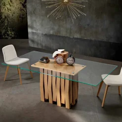 Tavolo da pranzo in vetro e legno massello made in Italy, Egisto