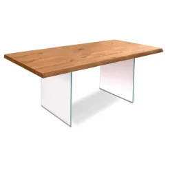 Tavolo da pranzo moderno in impiallacciato rovere, gambe in vetro - Nico